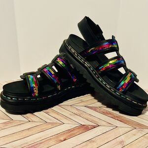 Dr. Martens Yelena Rainbow Sequin Women's 7 Black Chunky Summer Sandals Sparkle